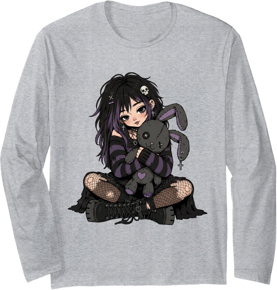 Cute Goth Girl with Stitched Bunny Emo Gothic Alternative Long Sleeve T-Shirt - Adult Unisex Heather Grey