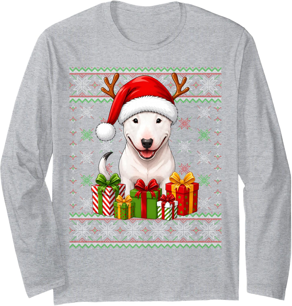 Bull Terrier Dog Christmas Ugly Sweaters Festive Pet Xmas Long Sleeve T-Shirt - Adult Unisex Heather Grey