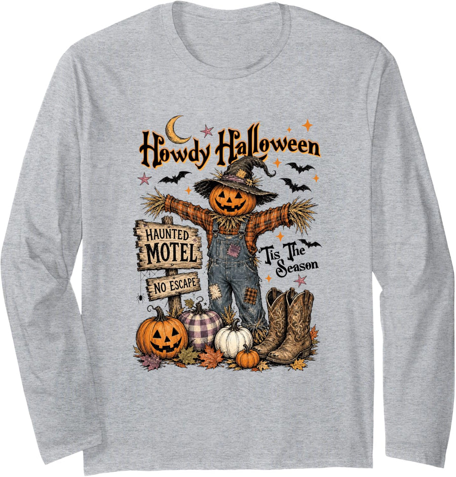 Howdy Halloween Tis The Season Fall Pumpkin Spooky Cowgirl Long Sleeve T-Shirt - Adult Unisex Heather Grey