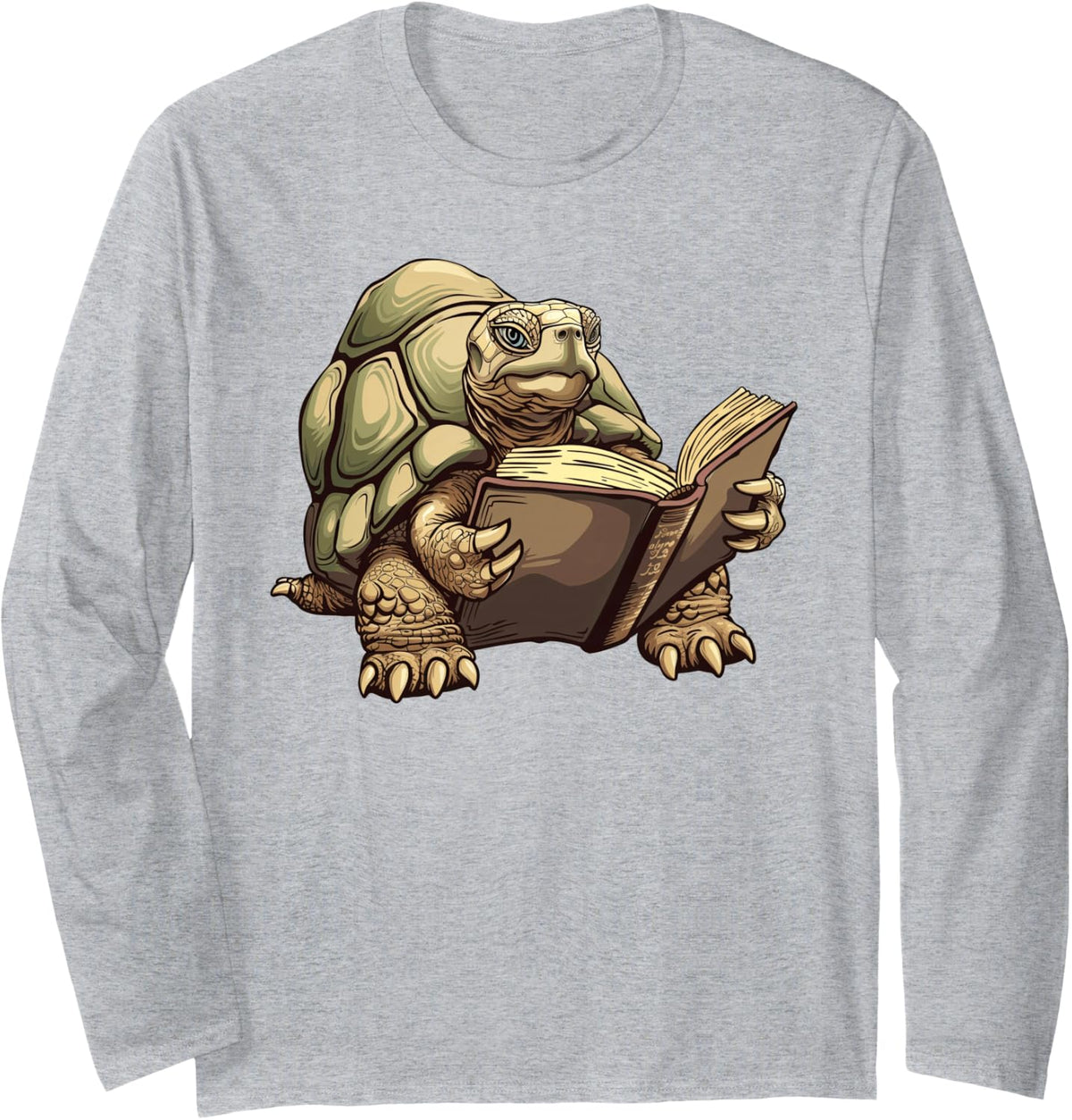Sulcata Tortoise Reading A Book Long Sleeve T-Shirt - Adult Unisex Heather Grey