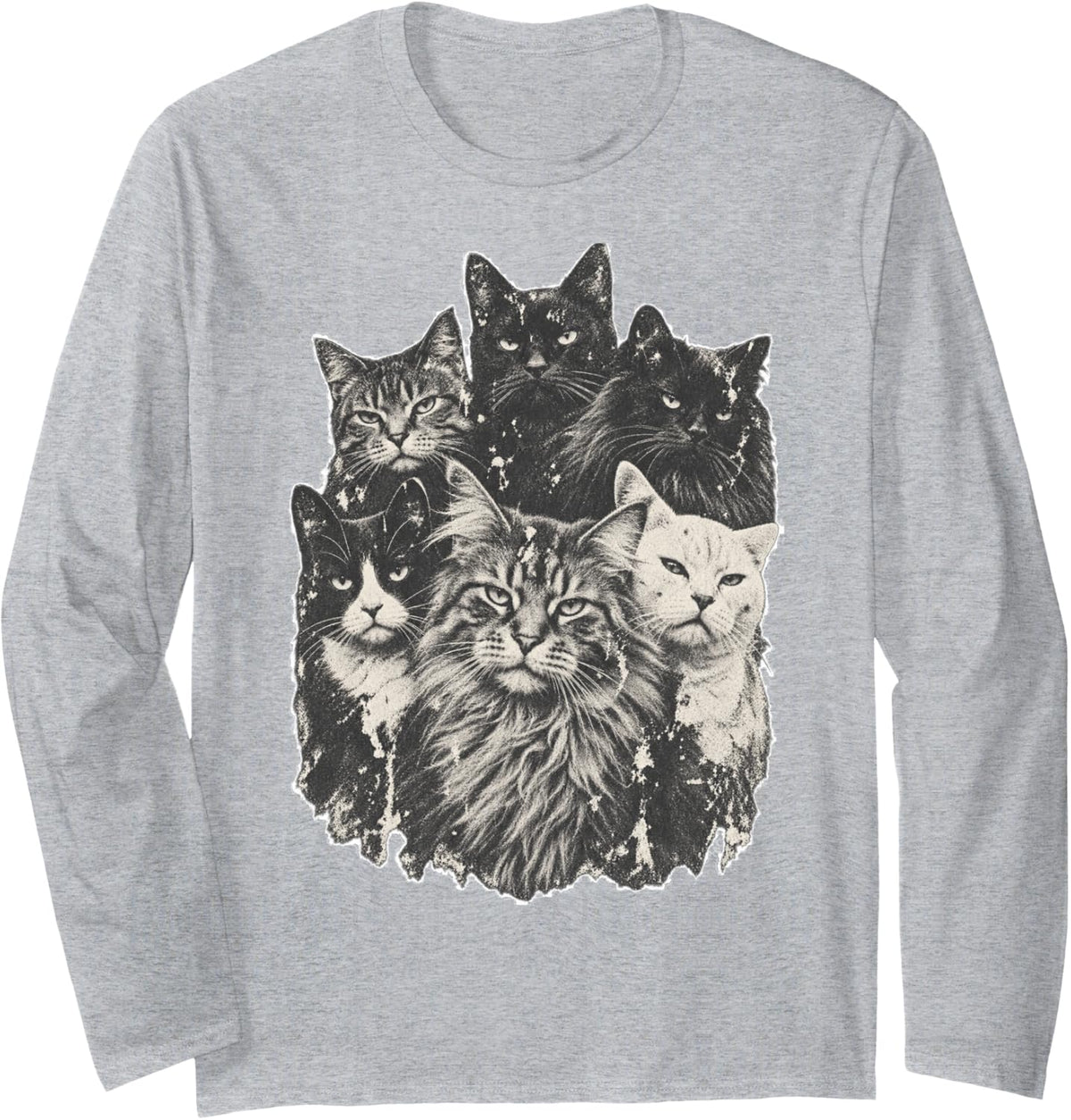Shaggy Cat Heads Faded Vintage Moody Cat Collage Art Long Sleeve T-Shirt - Adult Unisex Heather Grey