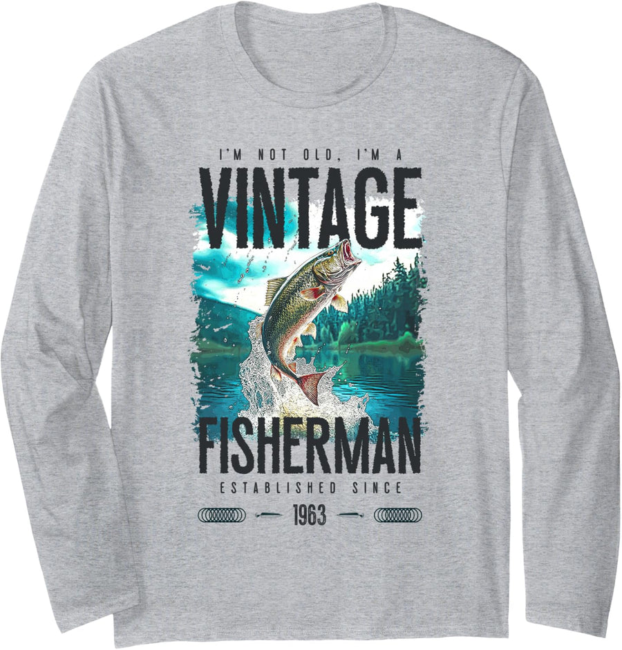 Vintage Trout Fisherman Funny Fishing Birthday 1963 Long Sleeve T-Shirt - Adult Unisex Heather Grey