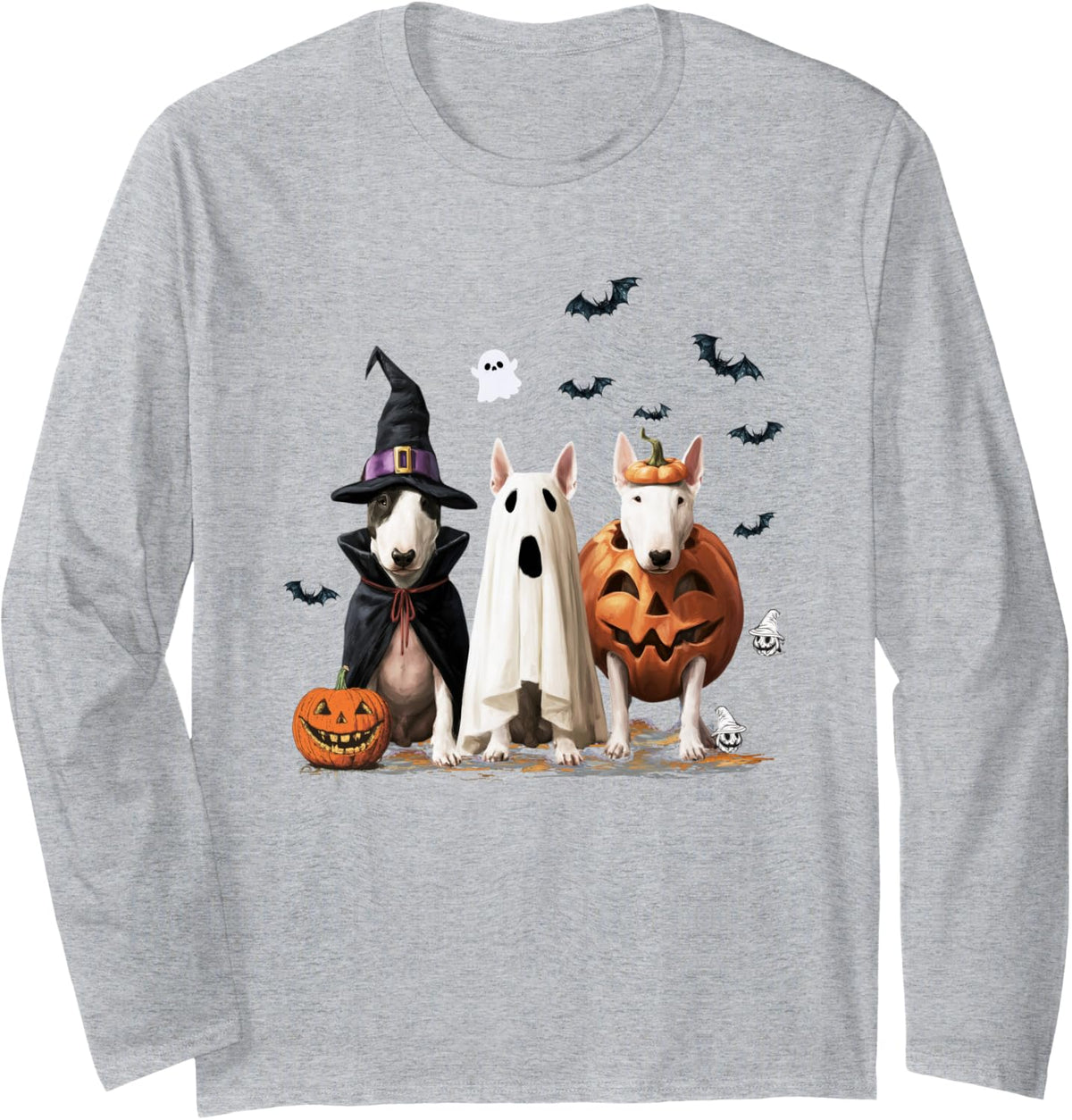 Spooky Ghost Bull Terrier Pumpkin Halloween Dog Lover Long Sleeve T-Shirt - Adult Unisex Heather Grey
