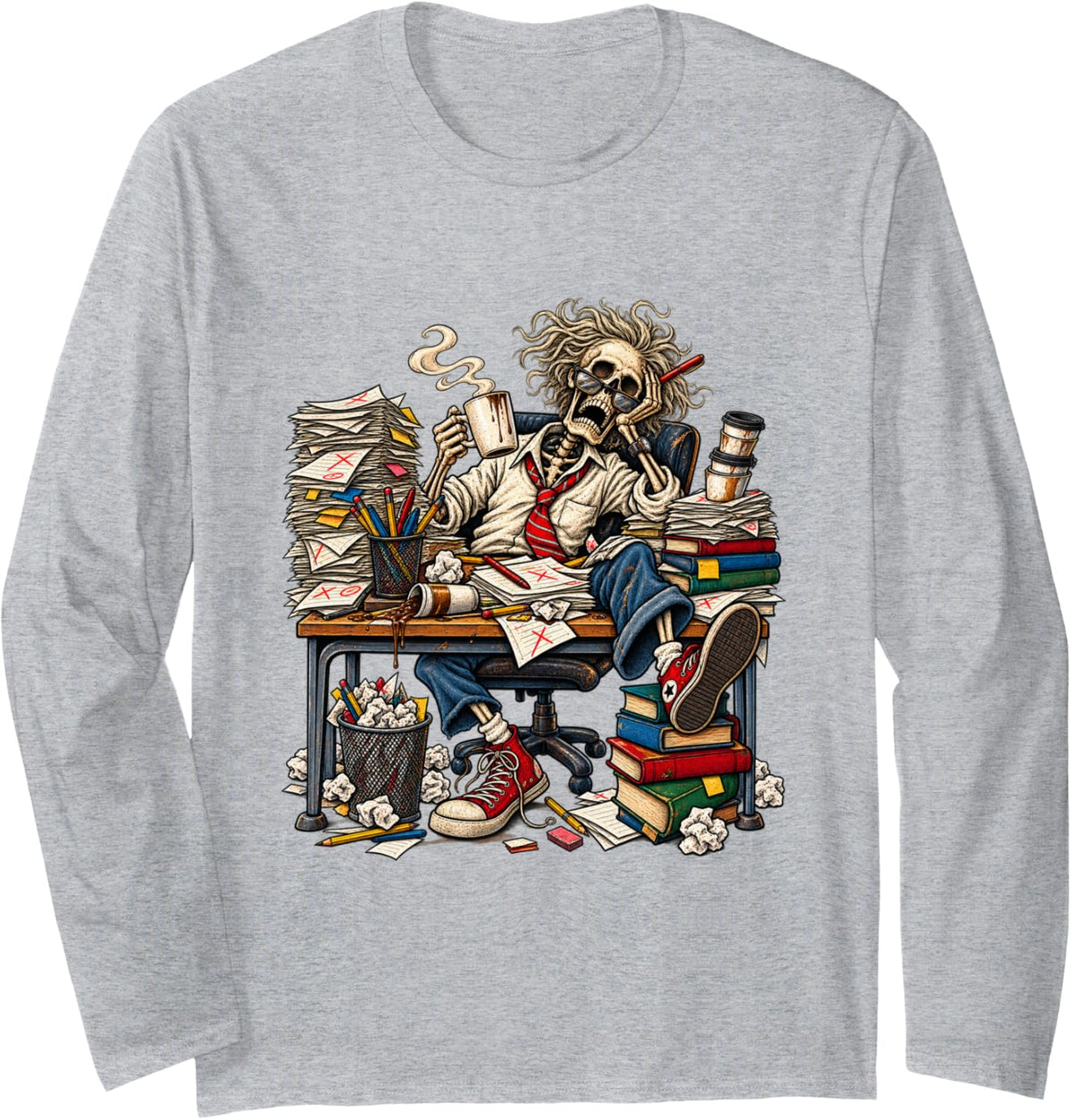 Skeleton Teacher Tired Coffee Funny Grading Graphic Long Sleeve T-Shirt - Adult Unisex Heather Grey