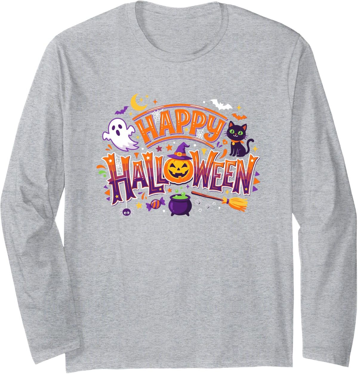 Happy Halloween Cute Ghost Spooky Season Long Sleeve T-Shirt - Adult Unisex Heather Grey