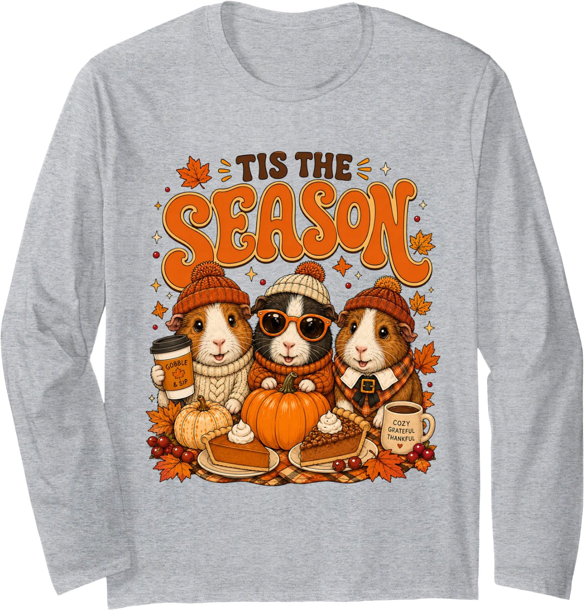 Tis The Season Thanksgiving Guinea Pig Pumpkin Costume Long Sleeve T-Shirt - Adult Unisex Heather Grey