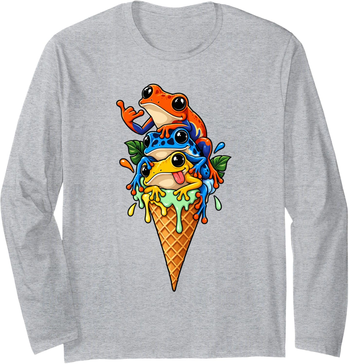 Colorful Frog Stack Ice Cream Cone Art Long Sleeve T-Shirt - Adult Unisex Heather Grey