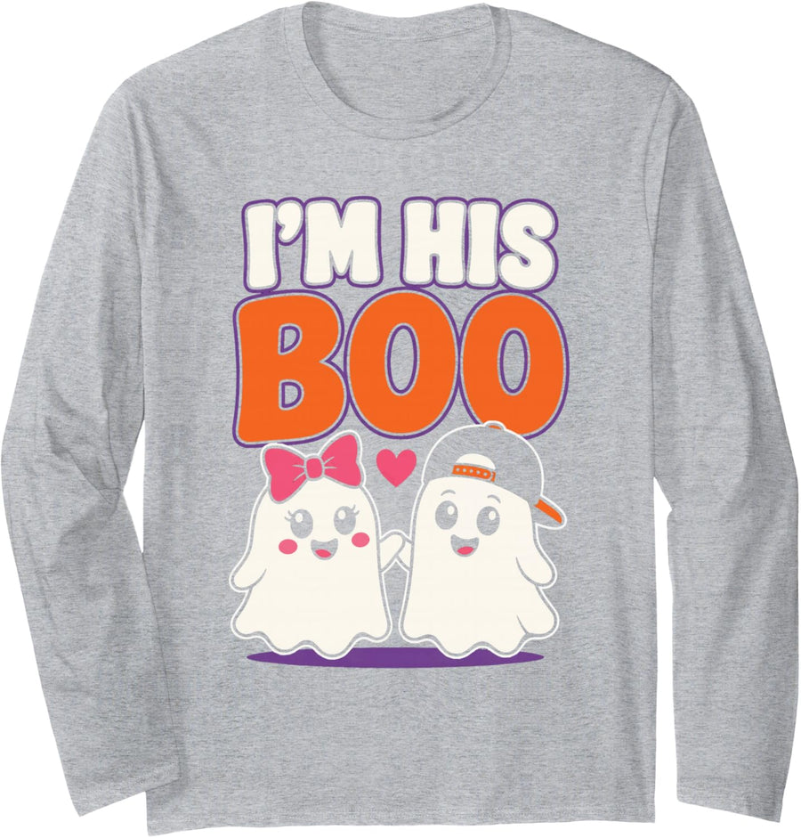 Halloween Matching Couple I'm His Boo Cute Ghost Costume Long Sleeve T-Shirt - Adult Unisex Heather Grey