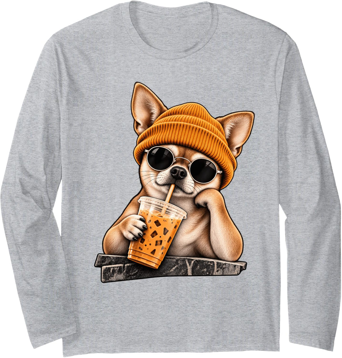 Funny Chihuahua Hipster Drinking Iced Coffee Sunglasses Long Sleeve T-Shirt - Adult Unisex Heather Grey