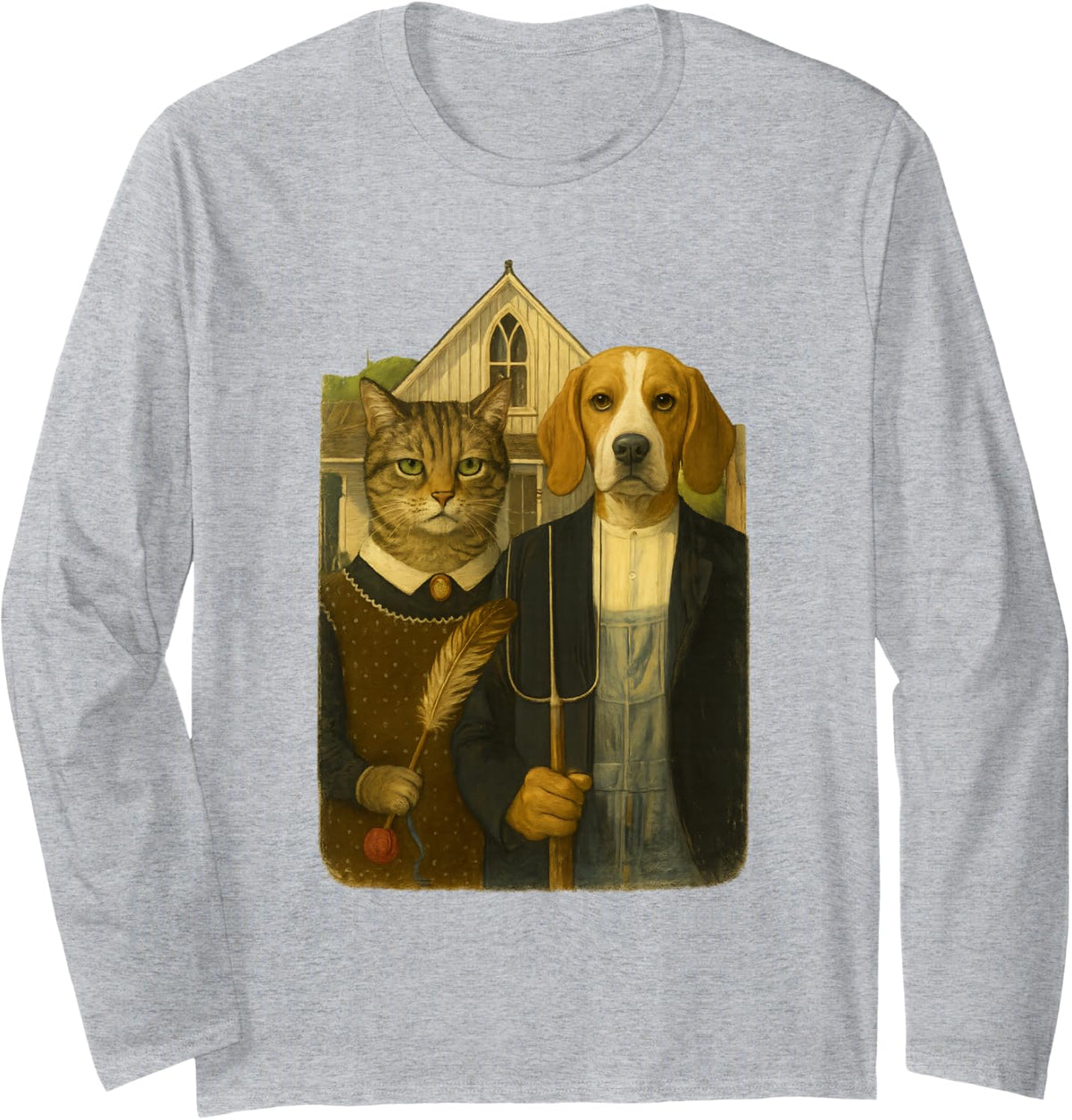 American Gothic Cat and Dog Funny Grant Wood's Painting Meme Long Sleeve T-Shirt - Adult Unisex Heather Grey