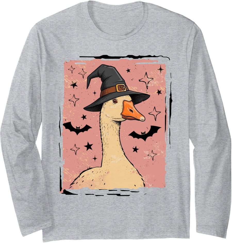 Halloween Witch Silly-Goose Spooky Season Bats Honk Animal Long Sleeve T-Shirt - Adult Unisex Heather Grey