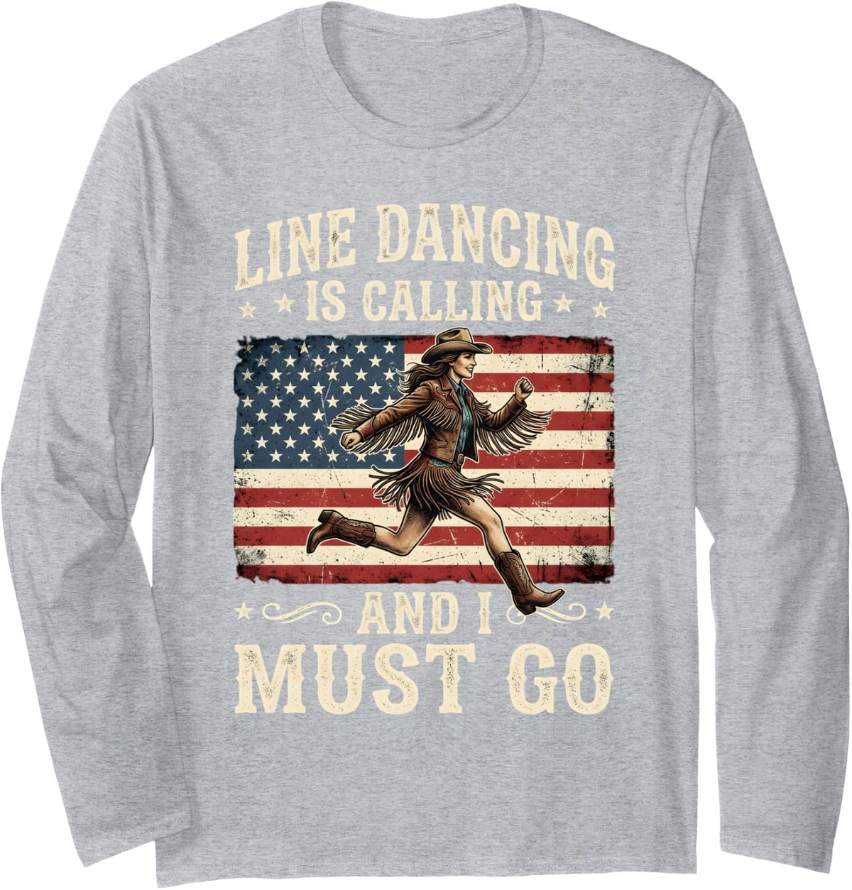 Line Dancer USA Flag Line Dance Line Dancing Long Sleeve T-Shirt - Adult Unisex Heather Grey