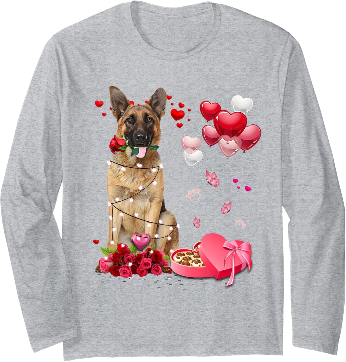 Funny German Shepherd Rose Heart Happy Valentine Day Dog Mom Long Sleeve T-Shirt - Adult Unisex Heather Grey