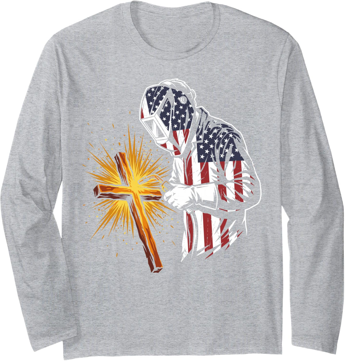 US American Flag Cross Christian Welder Welding Metal Weld Long Sleeve T-Shirt - Adult Unisex Heather Grey
