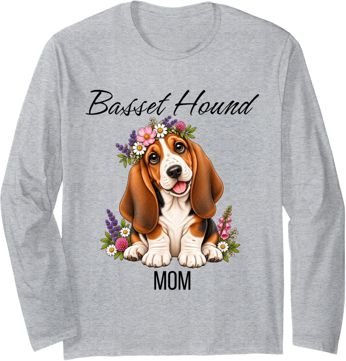 Basset Hound Mom Cute Floral Puppy Crown Flowers Dog Long Sleeve T-Shirt - Adult Unisex Heather Grey