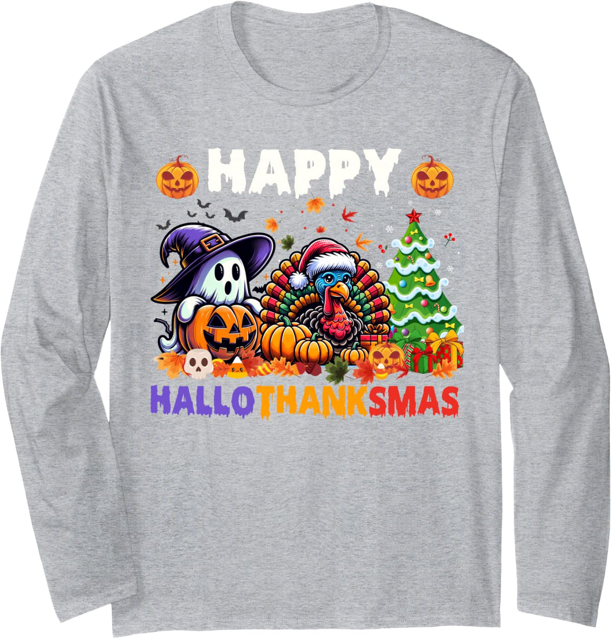 Halloween Thanksgiving Christmas Happy Hallothanksmas Long Sleeve T-Shirt - Adult Unisex Heather Grey