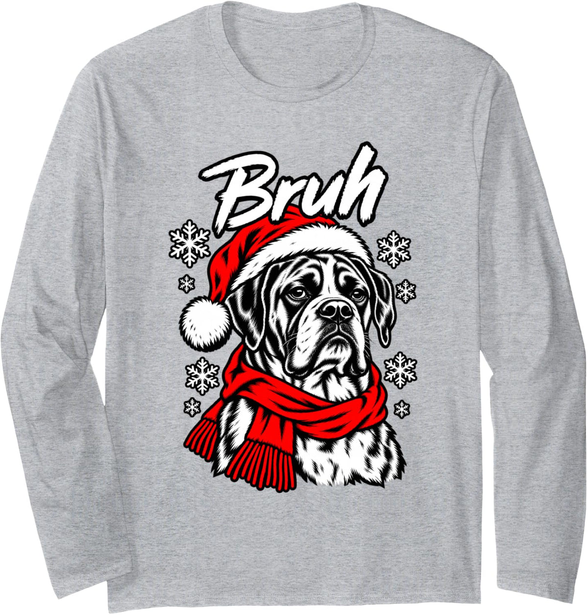 Bruh Skeptical Boxer Christmas Dog Tee Long Sleeve T-Shirt - Adult Unisex Heather Grey