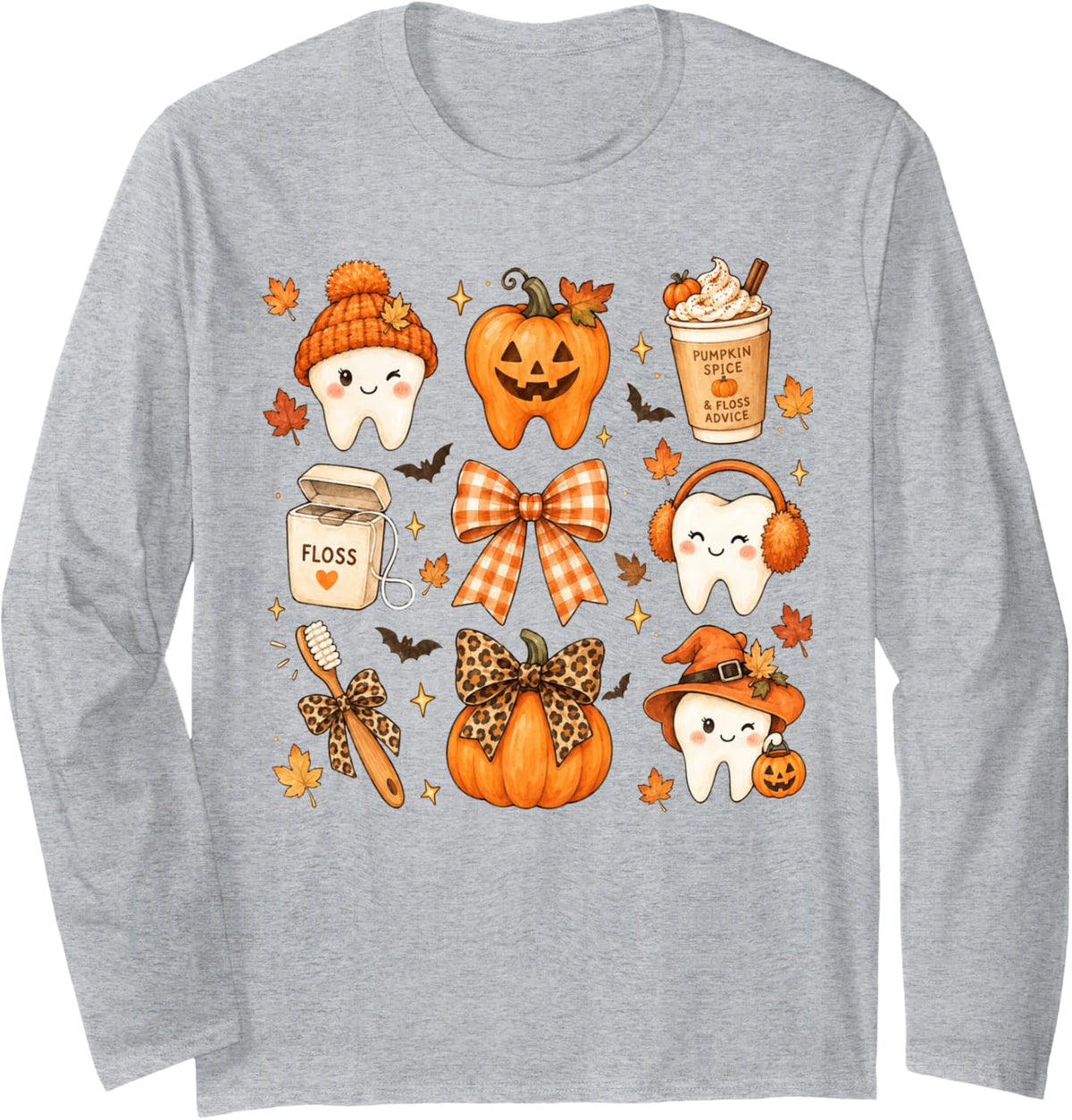 Halloween Dentist Teeth Ghost Dental Costume Men Women Kids Long Sleeve T-Shirt - Adult Unisex Heather Grey