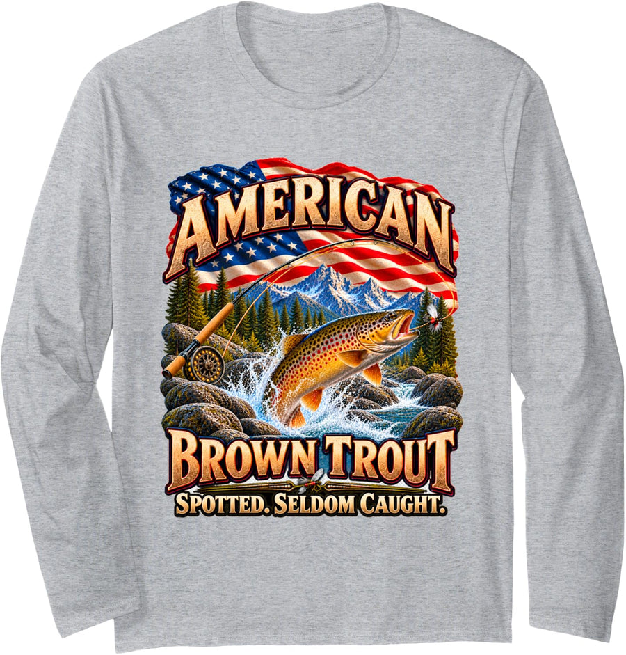 American Brown Trout Fly Fishing Fisherman Men Women Teens Long Sleeve T-Shirt - Adult Unisex Heather Grey