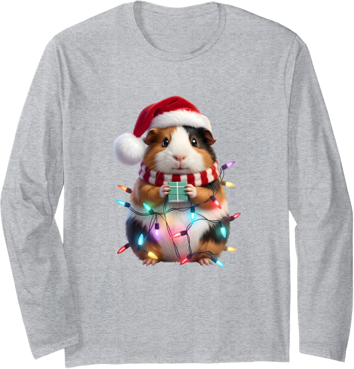 Guinea Pig Christmas Lights Xmas Guinea Pig Santa Men Women Long Sleeve T-Shirt - Adult Unisex Heather Grey