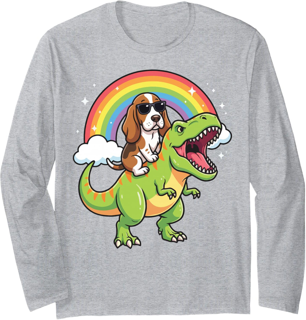 Basset Hound Dinosaur T-Rex Long Sleeve T-Shirt - Adult Unisex Heather Grey