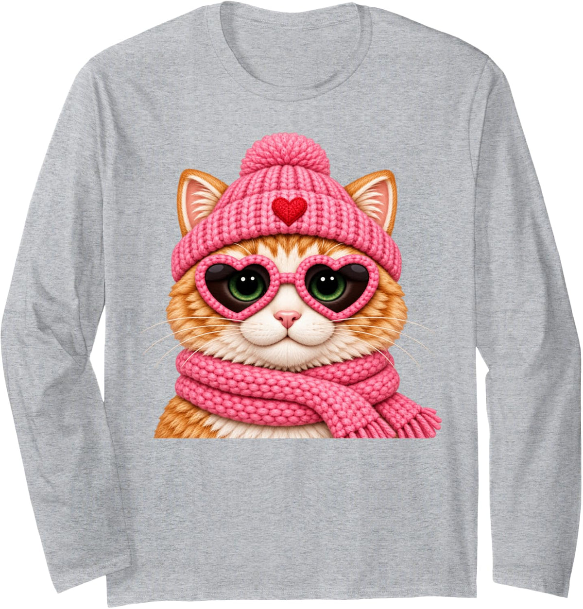 Orange Cat Pink Heart Sunglasses Cozy Winter Hat Scarf Long Sleeve T-Shirt - Adult Unisex Heather Grey