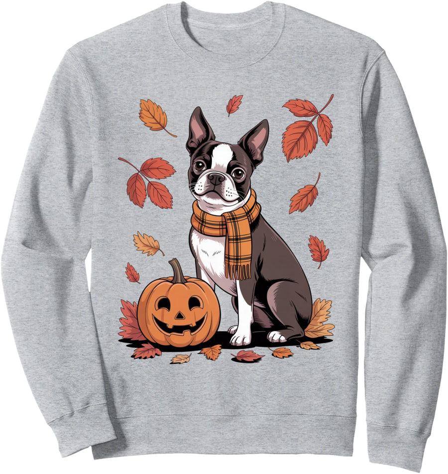 Boston Terrier Dog Lover Pumpkin Fall Autumn Thanksgiving Sweatshirt - Adult Unisex Heather Grey