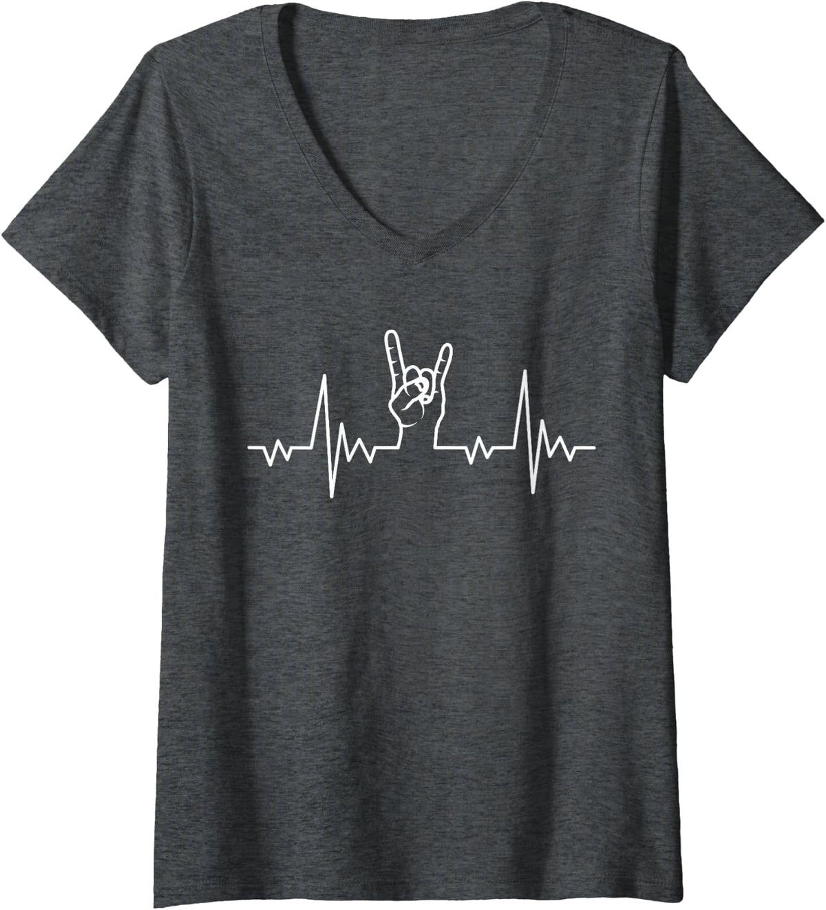 Womens Heavy Metal Heartbeat Rock & Roll Hand Horns Rock Band V-Neck T-Shirt - Dark Heather Grey