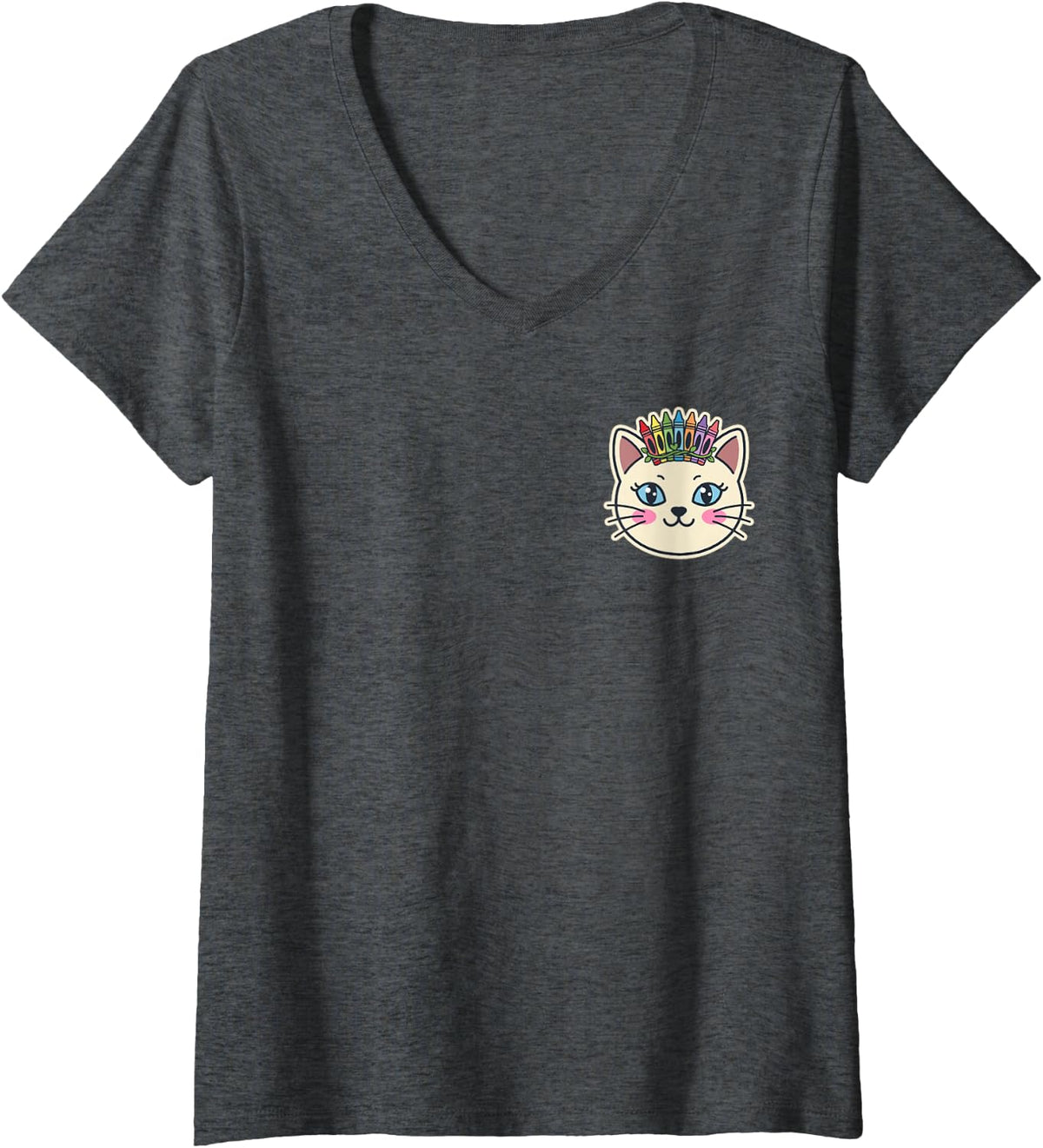 Women's Cat Crayon Crown Funny Art Teacher Feline Lover Cute Pocket V-Neck T-Shirt - Dark Heather Grey