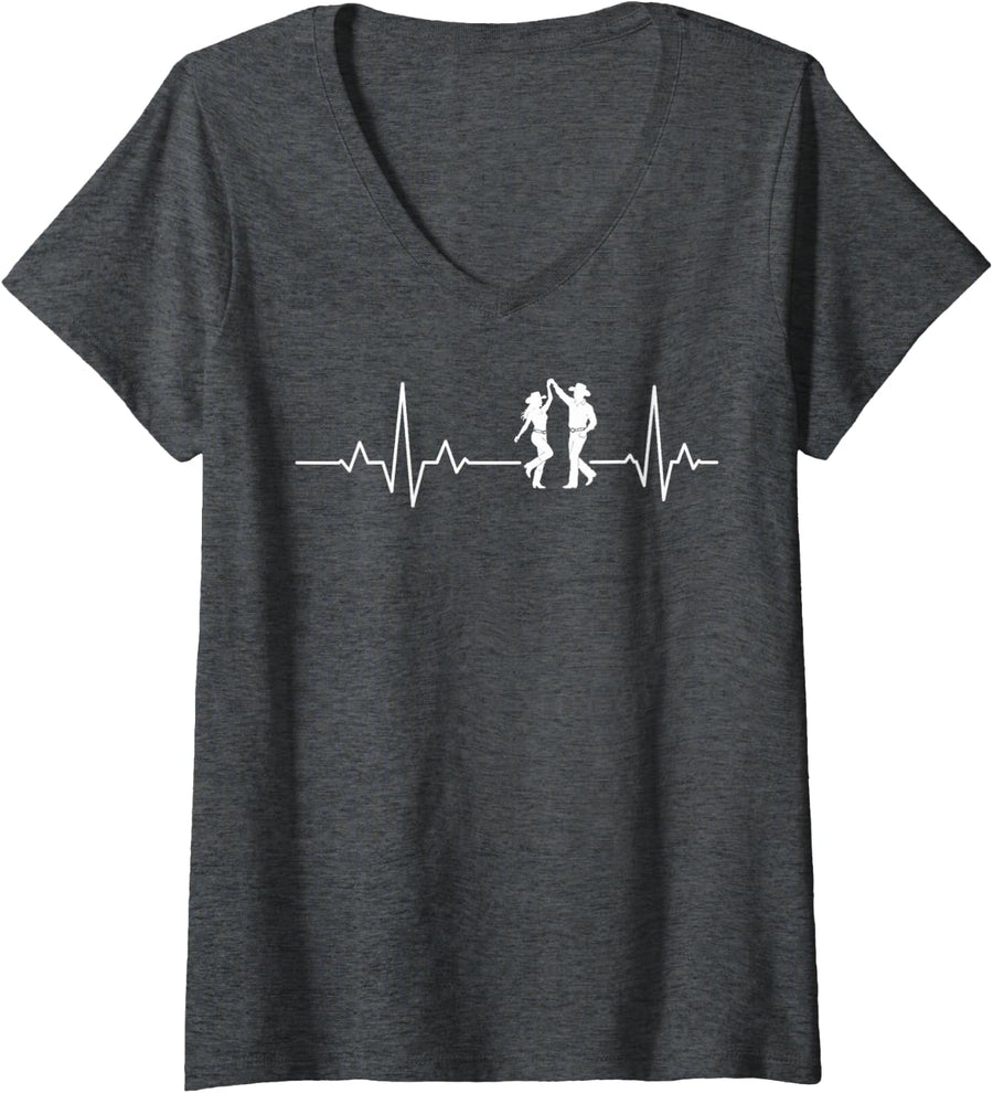 Women's Line Dancing Heartbeat Country Western Dance V-Neck T-Shirt - Dark Heather Grey