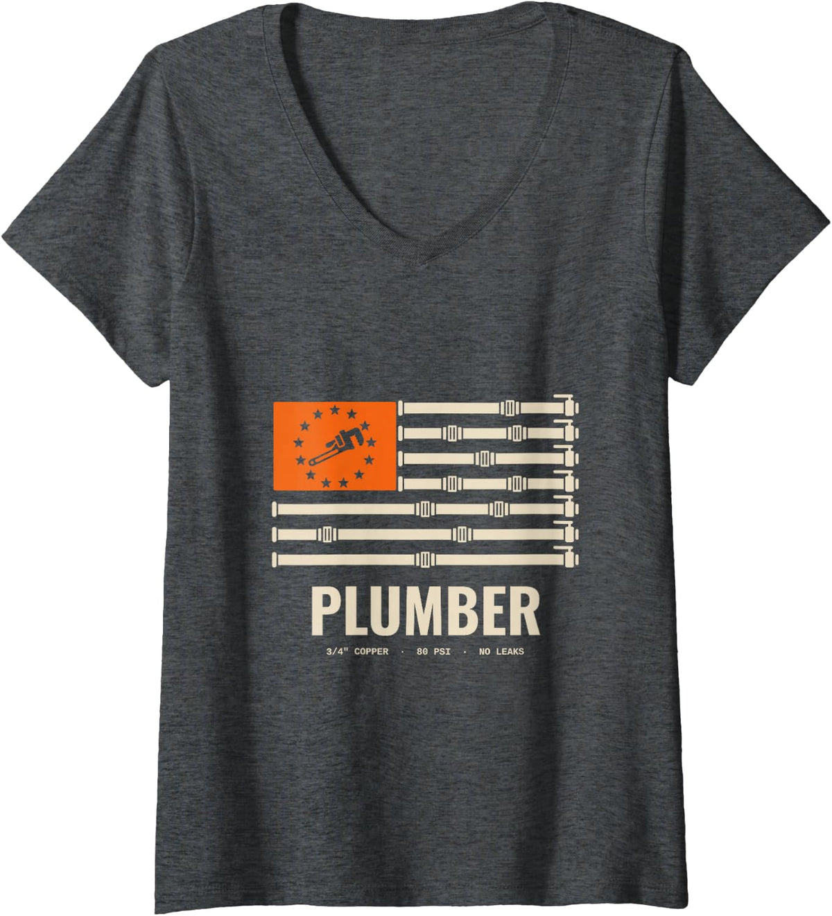Women's Plumber American Flag Pipe Wrench Plumbing Graphic V-Neck T-Shirt - Dark Heather Grey