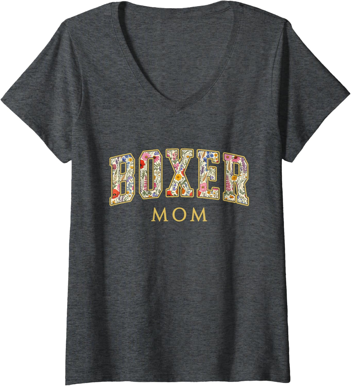 Women's Boxer Mom Wildflower Varsity Letters Boxer Dog Mama V-Neck T-Shirt - Dark Heather Grey