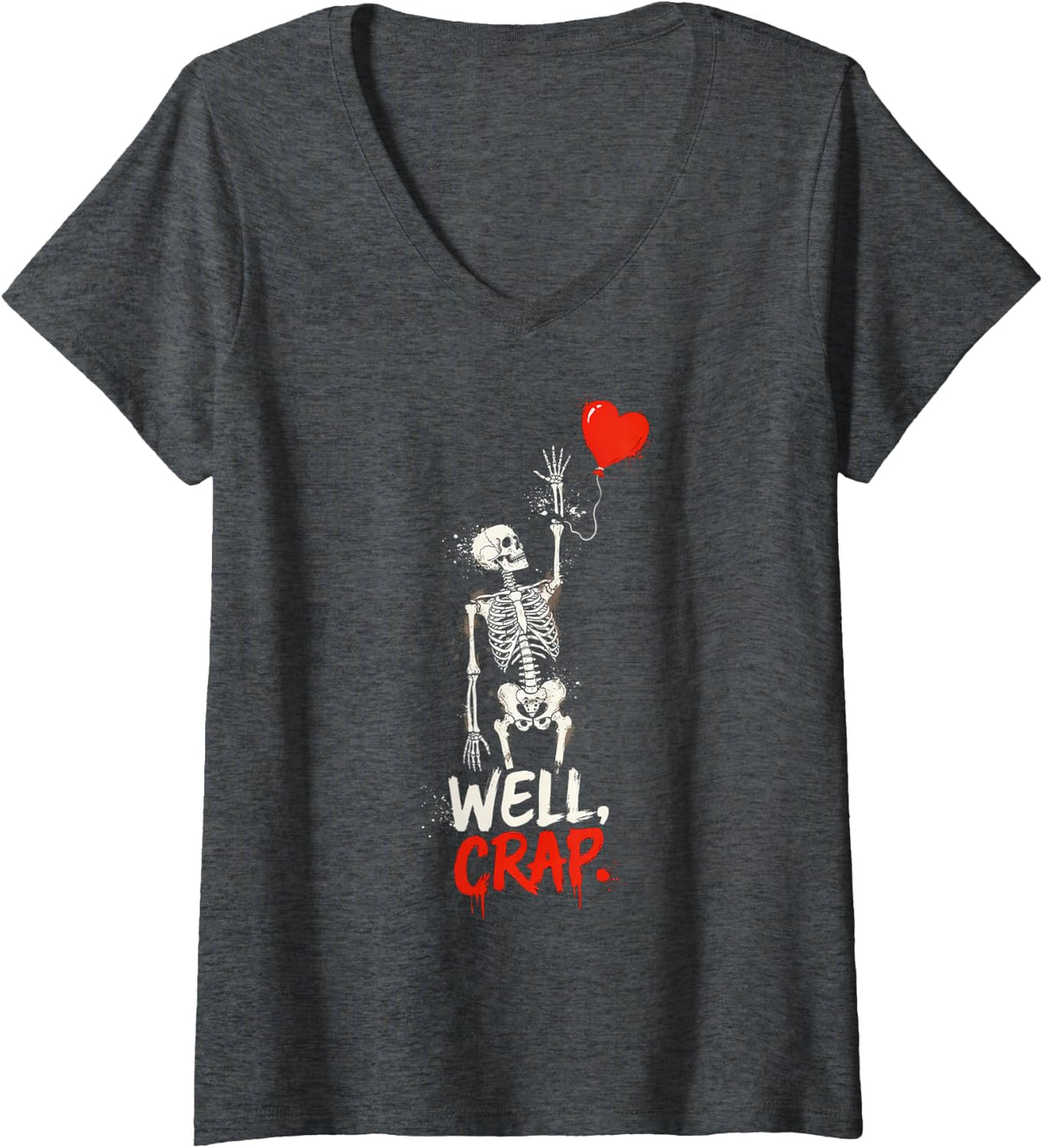 Women's Well Crap Skeleton Lost Balloon Funny Gothic Halloween Art V-Neck T-Shirt - Dark Heather Grey