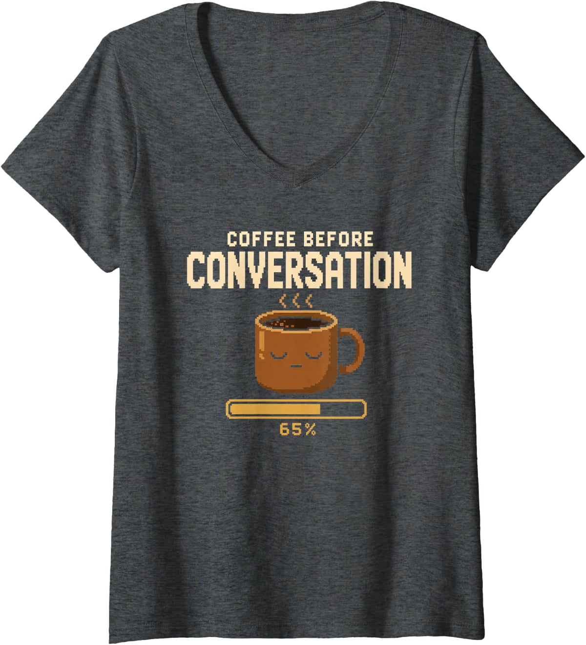 Women's Coffee Before Conversation Pixel Art V-Neck T-Shirt - Dark Heather Grey