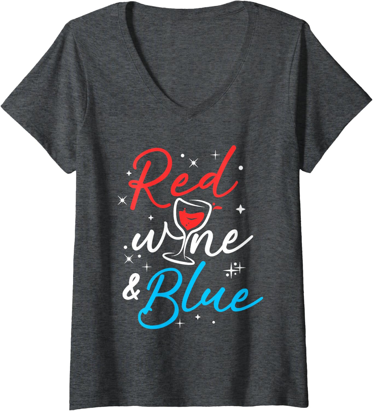 Women's Women Red Wine and Blue Funny Wine Glass Fourth Of July V-Neck T-Shirt - Dark Heather Grey