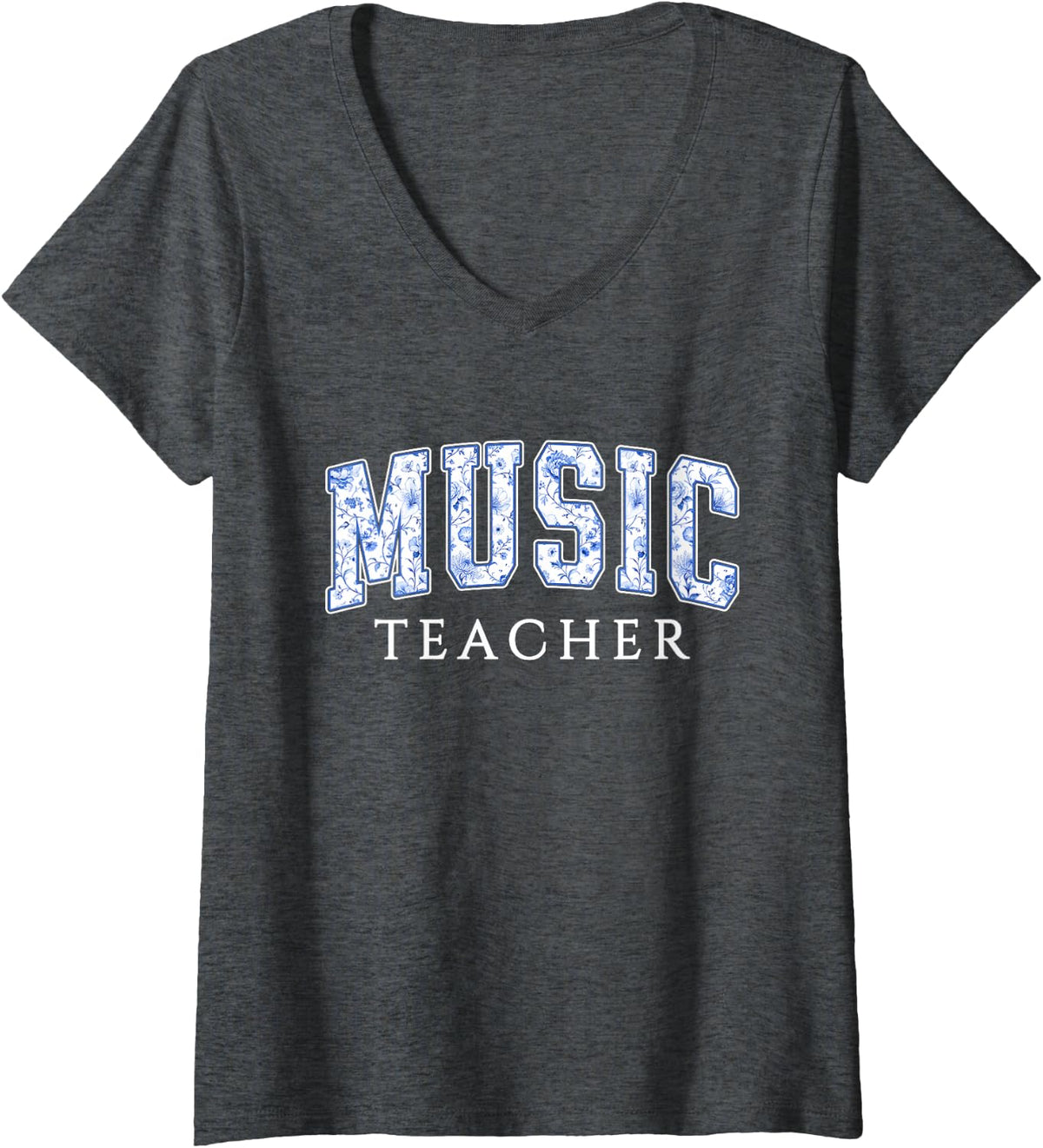 Women's Music Teacher Blue Floral Varsity Letters Music Educator V-Neck T-Shirt - Dark Heather Grey