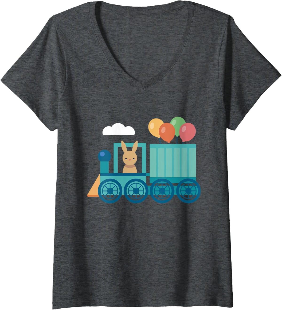 Women's Trains Locomotive Steam Engine Train Conductor Bunny Balloon V-Neck T-Shirt - Dark Heather Grey