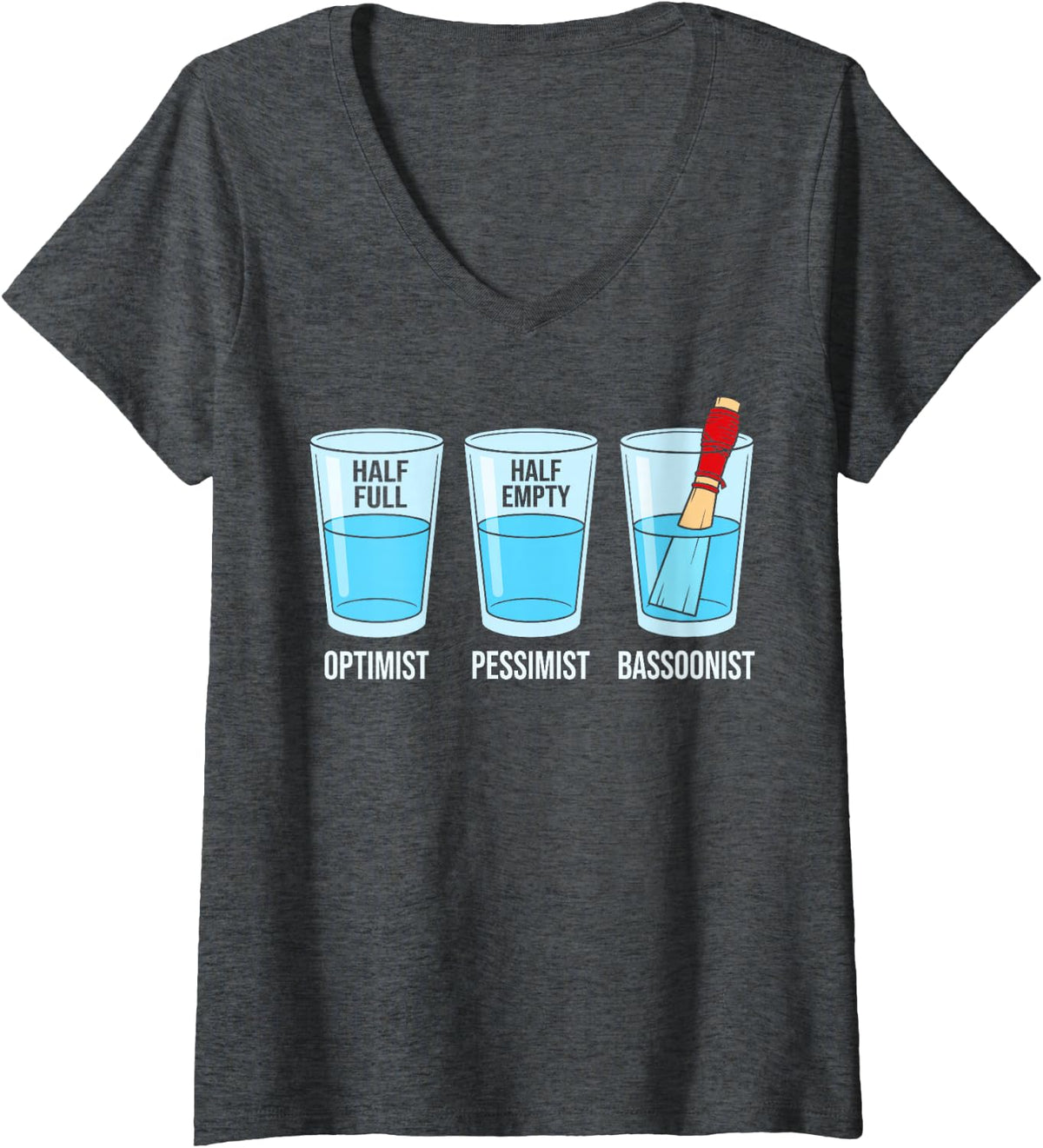 Women's Optimist Pessimist Bassoonist Funny Double Reed Musician V-Neck T-Shirt - Dark Heather Grey