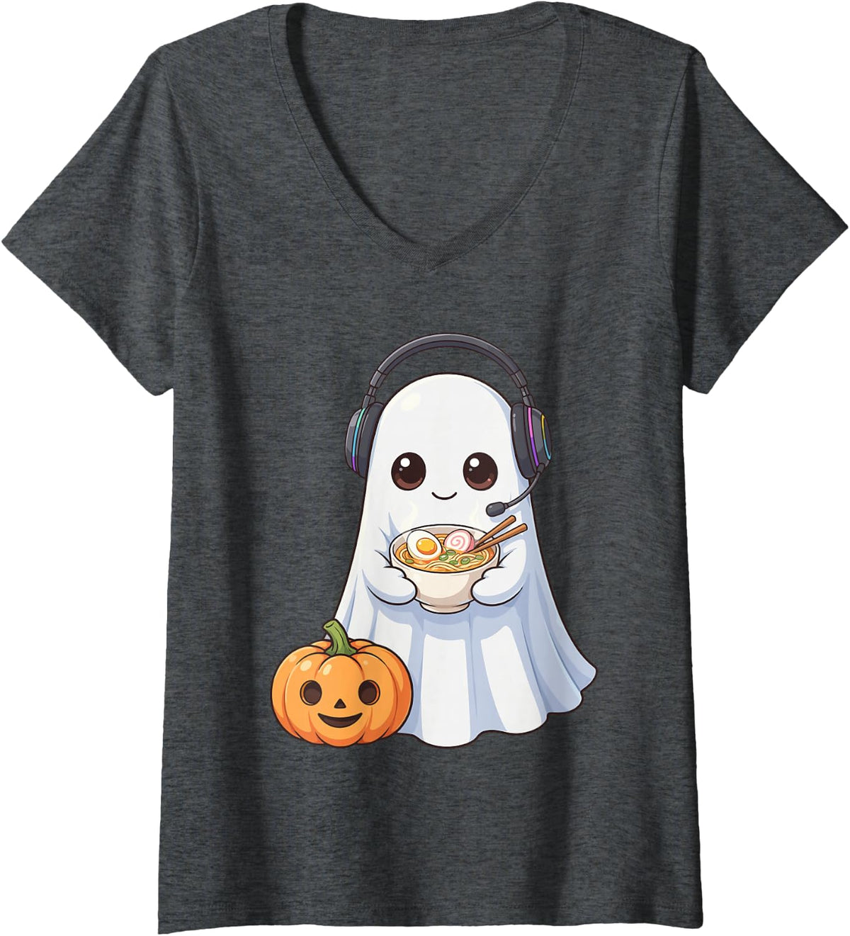 Women's Funny Halloween Ghost Ramen Gamer Kawaii Spooky Gaming V-Neck T-Shirt - Dark Heather Grey