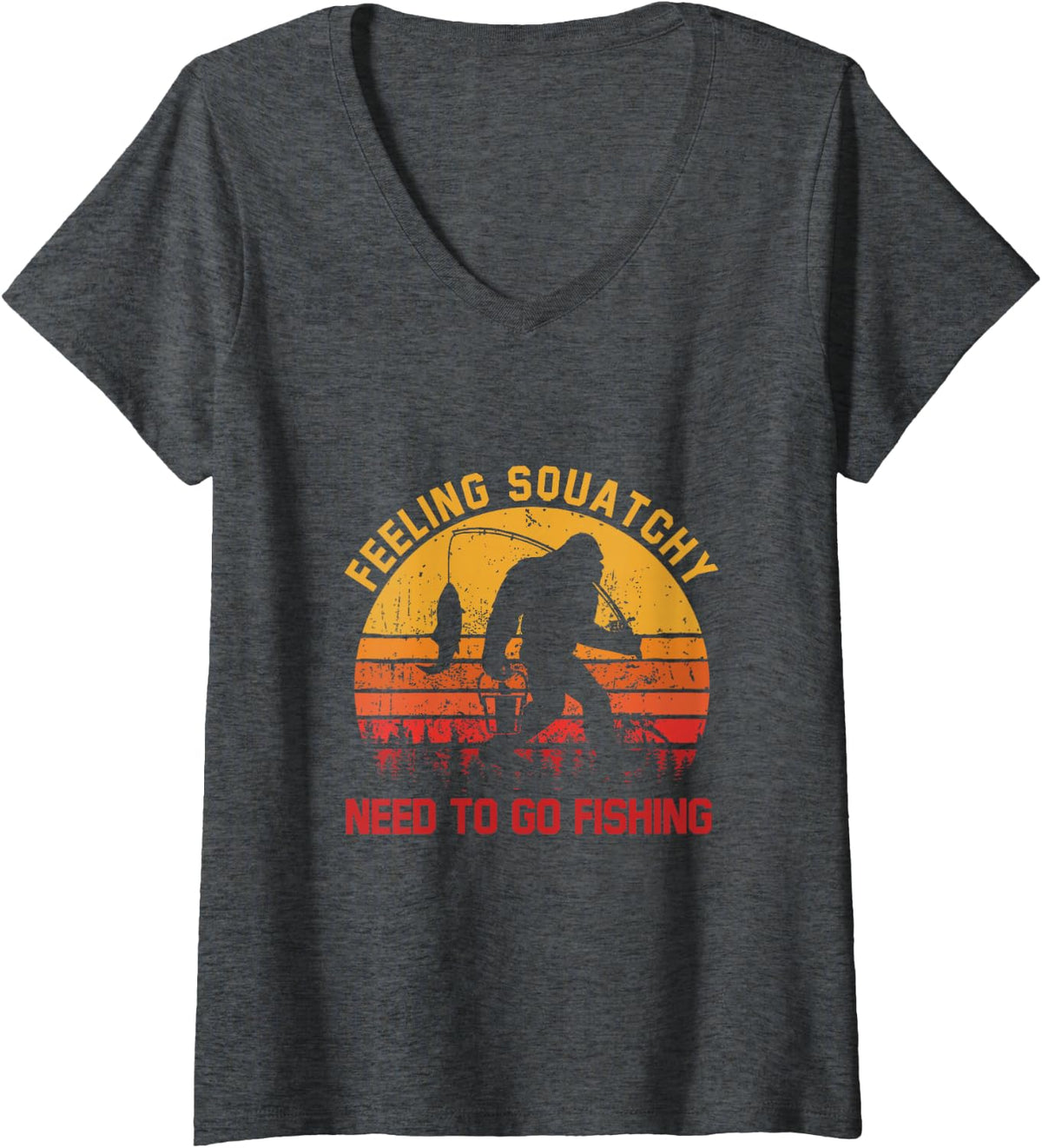 Women's Feeling Squatchy Need to Go Fishing Retro Bigfoot Fisherman V-Neck T-Shirt - Dark Heather Grey