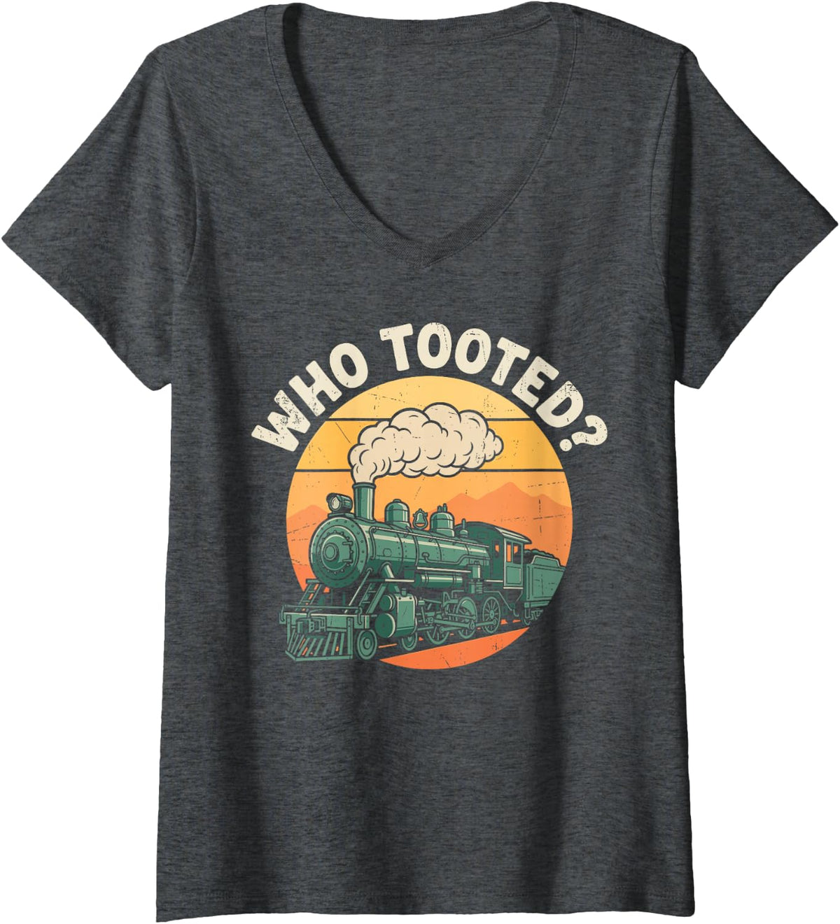 Women's Who Tooted? Vintage Trains Lover Railway Railroad Fan Joke V-Neck T-Shirt - Dark Heather Grey