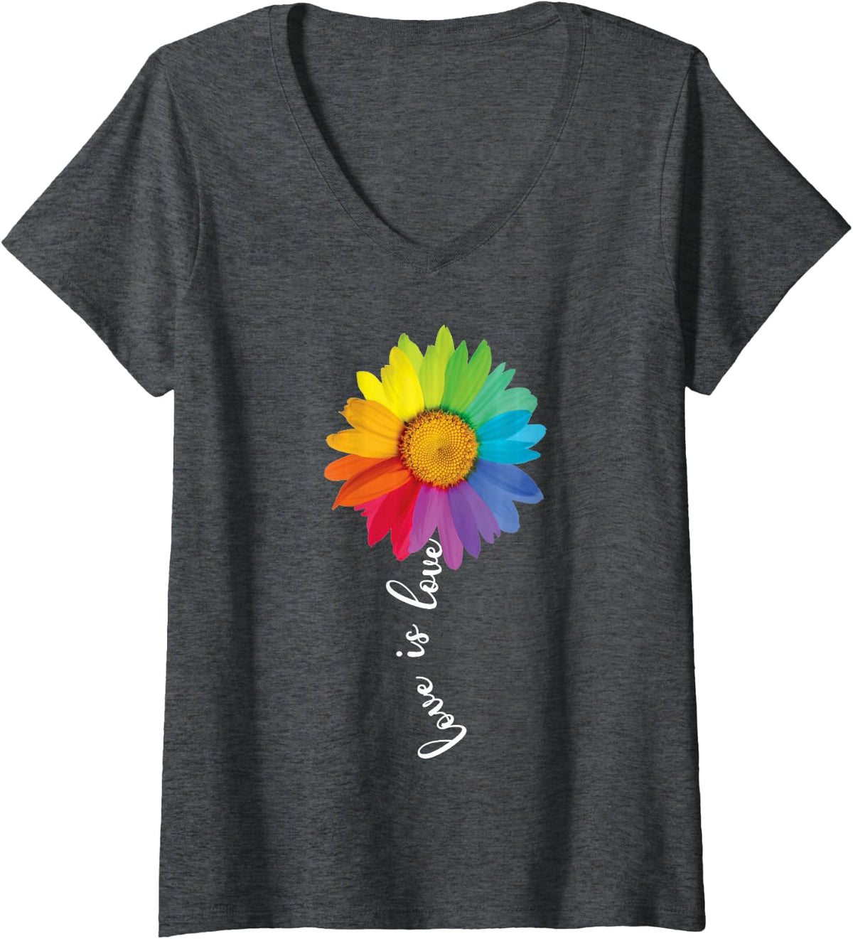 Women's Love Is Love Rainbow Sunflower LGBT Gay Lesbian Pride Month V-Neck T-Shirt - Dark Heather Grey