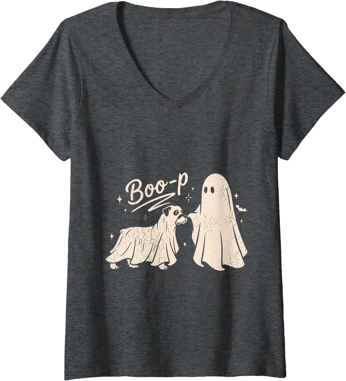 Women's Funny Spooky Season Rottweiler Halloween Boo-P Ghost Dog V-Neck T-Shirt - Dark Heather Grey