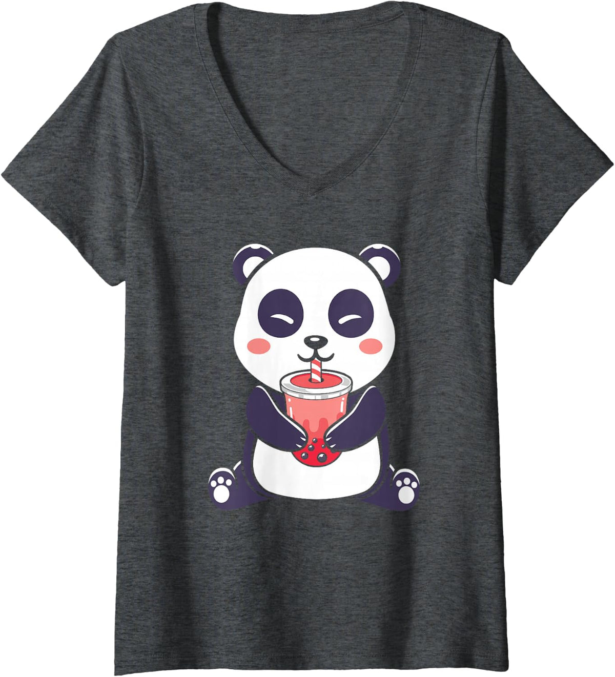 Women's Cute Kawaii Panda Animal Boba Tea Lover Bubble Tea Lover V-Neck T-Shirt - Dark Heather Grey