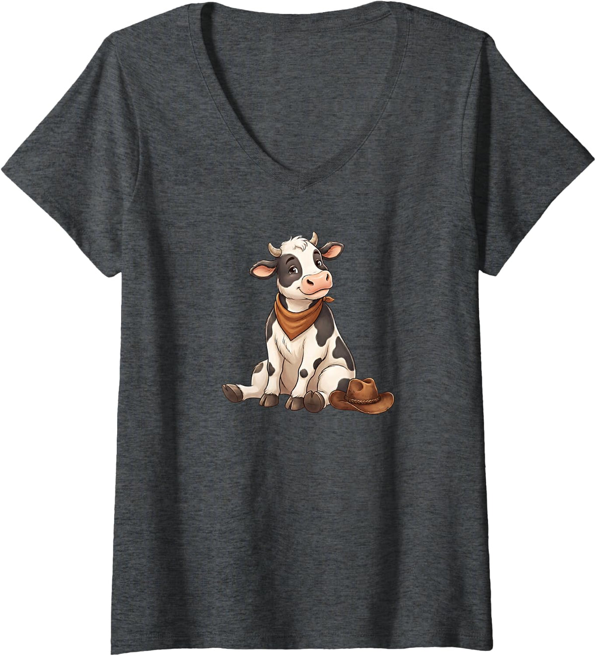Women's Cute Cartoon Cow Sitting with Cowboy Hat Bandana V-Neck T-Shirt - Dark Heather Grey