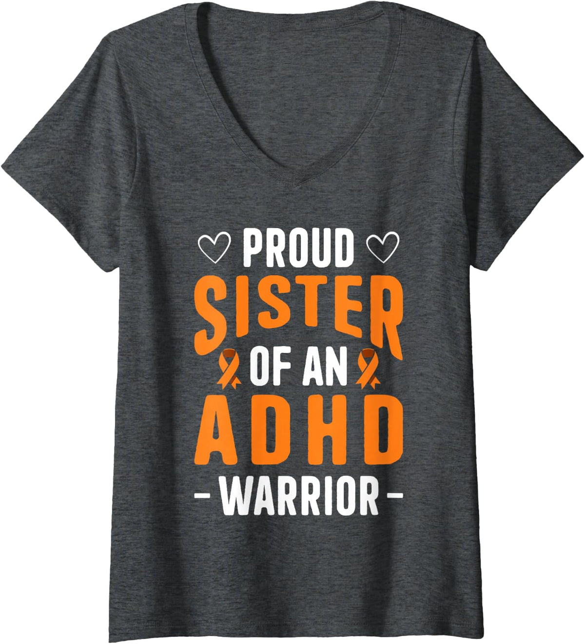 Women's Proud Sister of ADHD Warrior Awareness Month Orange Ribbon V-Neck T-Shirt - Dark Heather Grey