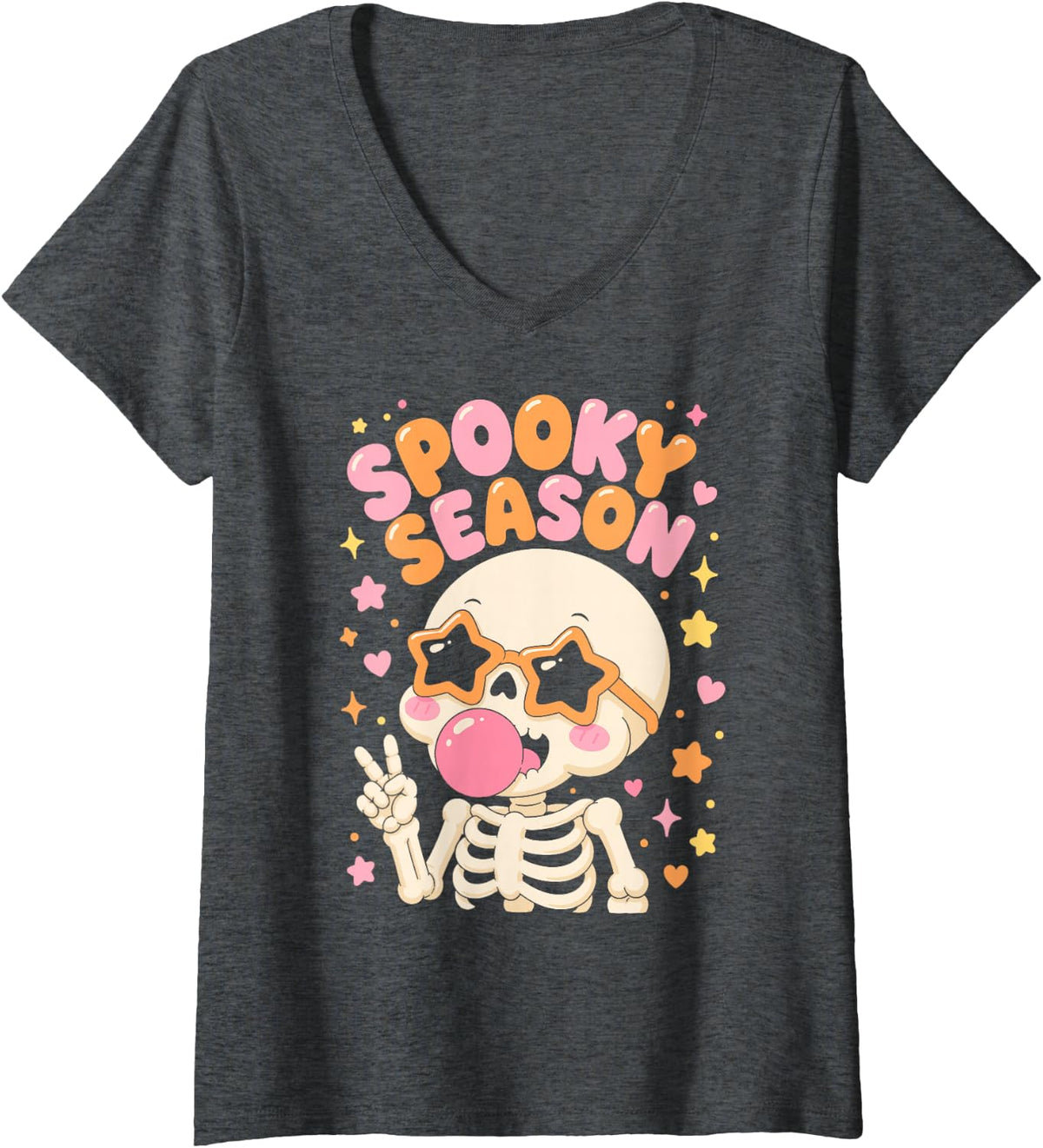 Women's Halloween Spooky Season Cute Cartoon Skeleton Kids V-Neck T-Shirt - Dark Heather Grey