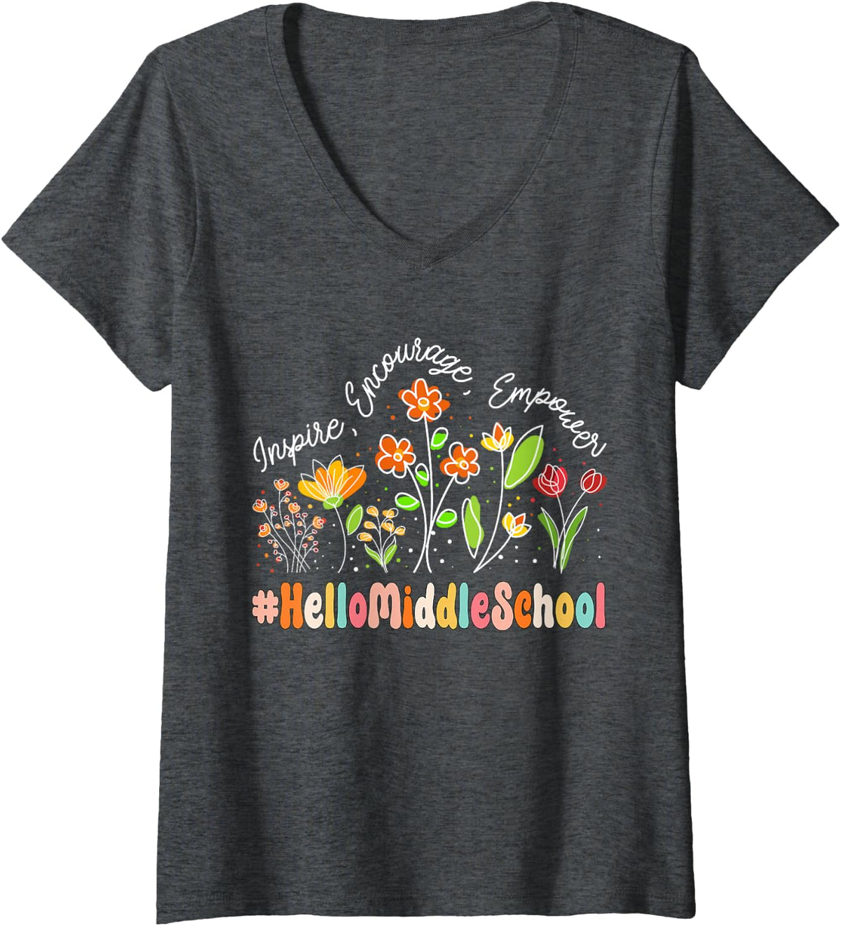Women's Hello Middle School Appreciation Week Teacher Back to School V-Neck T-Shirt - Dark Heather Grey