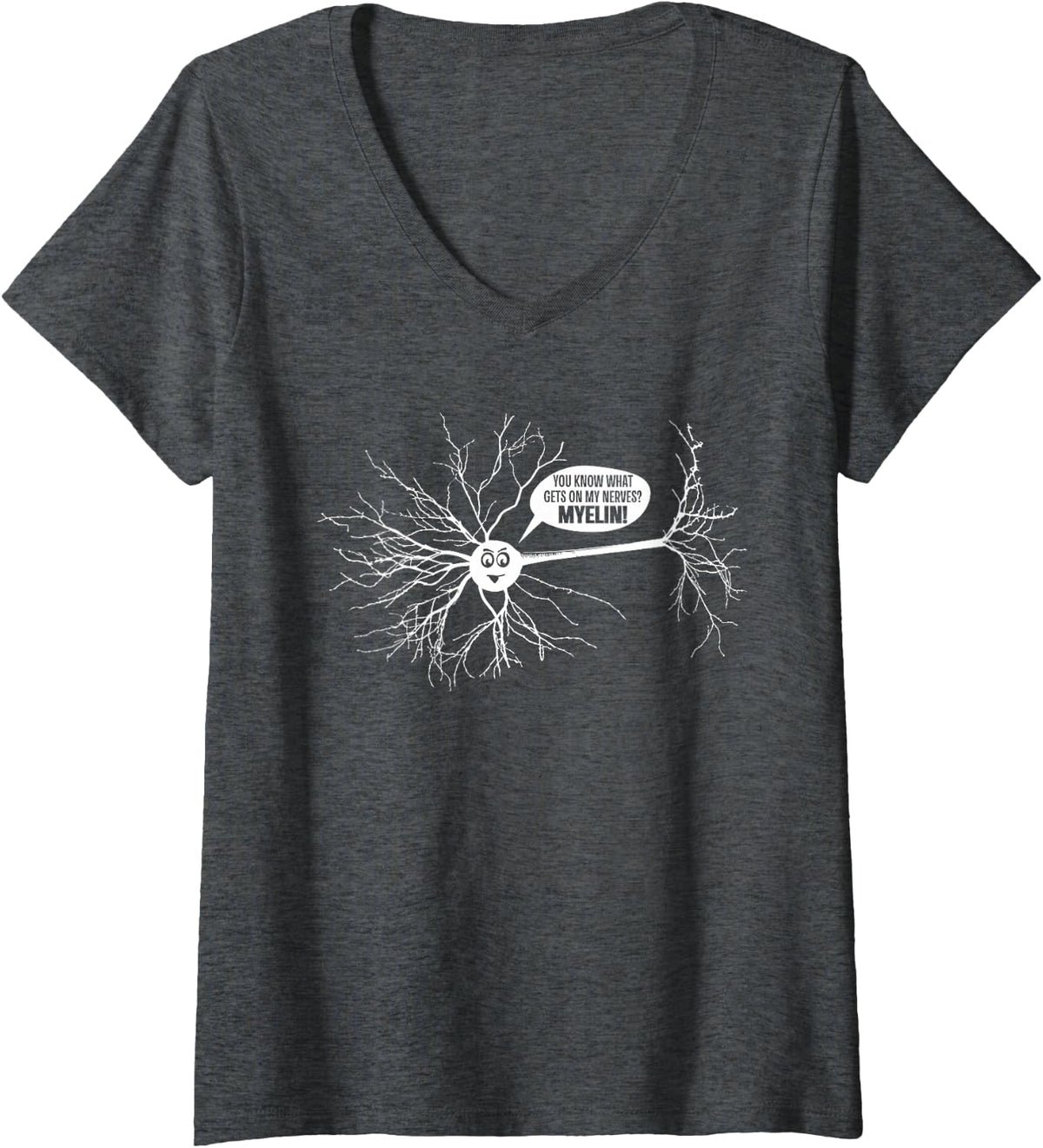 Women's Funny Neurobiology Myelin Neuroscience Teacher Brain Pun V-Neck T-Shirt - Dark Heather Grey