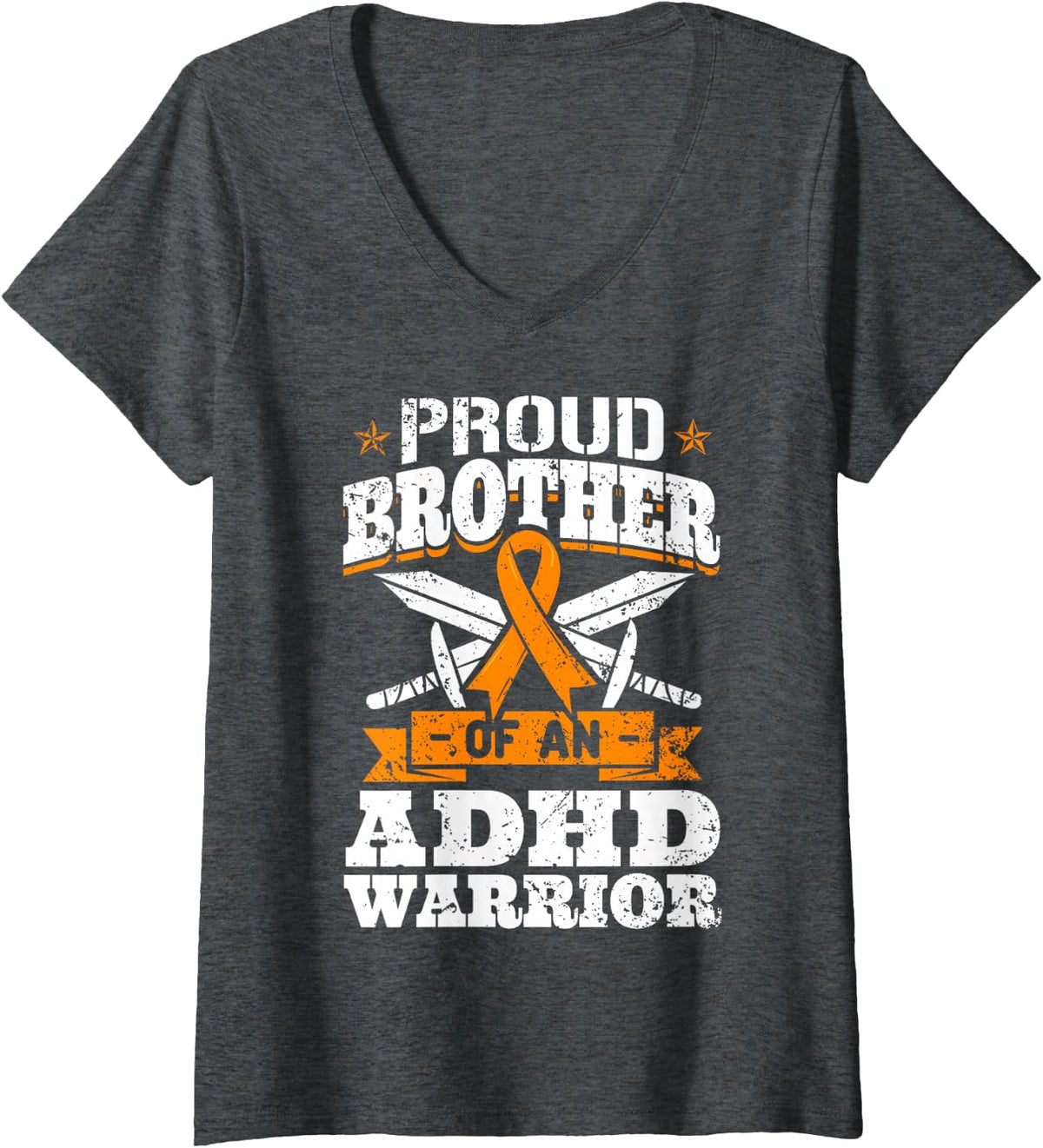 Women's Proud Brother of an ADHD Warrior Attention Deficit Awareness V-Neck T-Shirt - Dark Heather Grey